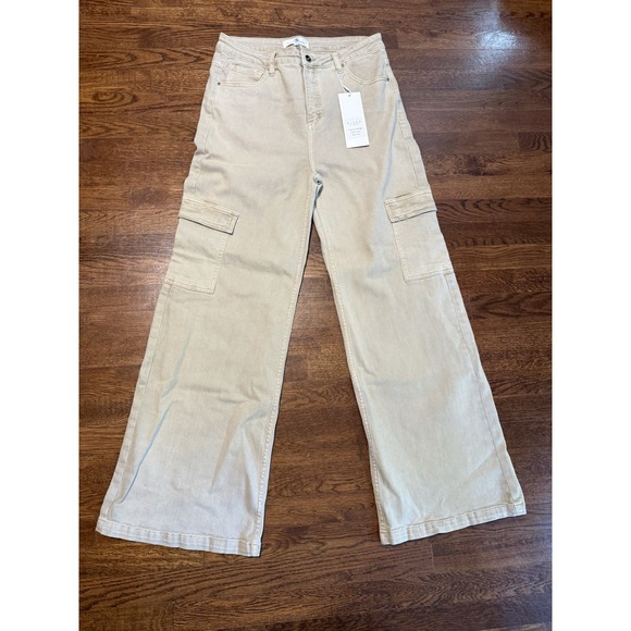 Risen Jeans Denim - Risen Jeans High Waisted Wide Leg Cargo Pocket Jeans in Khaki Size 15 NEW